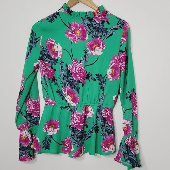 Vero Moda Aqua Green Floral Long Sleeve Peplum Blouse Shirt Top Ruffle Neck XS - Picture 8 of 10